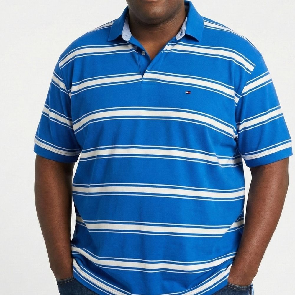 Tommy Hilfiger Men's Polo Shirt XXL Blue White Striped Short Sleeve Big & Tall